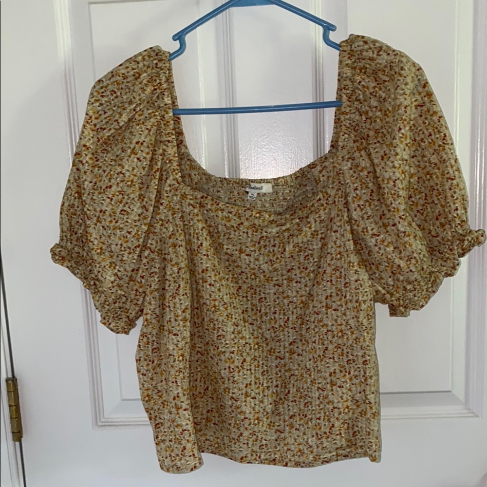 Madewell Brown and Cream Puff Sleeve Blouse